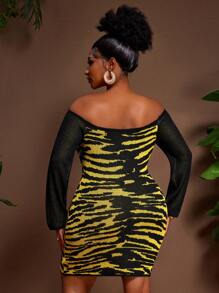 Slaydiva Plus Size Fashionable Leopard & Tiger Print Knit Bodycon Mini Dress, Sexy One Shoulder, Bodycon Style, Street & Vacation Chic - Multicolor - View 2