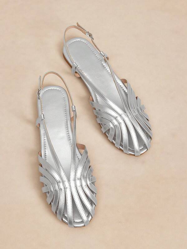 Rosivie Women's Outdoor Round Toe Flat Silver PU Material Fashion Minimalist Comfy Daily Beach Sandals