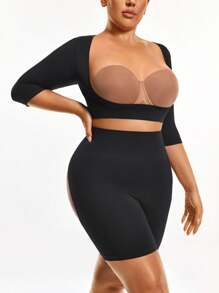 SHAPORA 2 Packs Plus Size Seamless Shapewear Set Tummy Waist Control Bust&Butt Lifter-1pc Shapewear Top Corset With Adjustable Closure+Cut-Out Mid Thigh Short -Tummy Waist Thigh Arm Control - Black - View 3