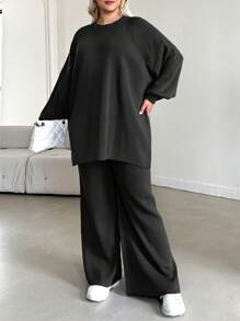 EURMUSE Plus Size Sweatshirt Set, Solid Color Long Sleeve Sweatshirt & Pants, Fashionable For Summer - Black - View 6
