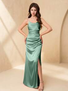 SHEIN Wedding Season Flower Girl & Teen Girls Elegant Satin Ruffle Thigh Slit Bridesmaid Dress, Formal Gown For Prom, Birthday Party, Wedding Fall Winter