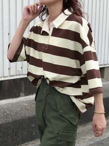 FRIFUL 女士宽松条纹 T 恤，Polo 领，短袖，休闲夏装，返校服装 - 棕色 - 查看 4