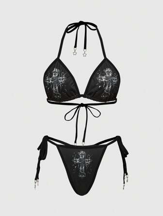 Goth Ensemble de lingerie composé d'une culotte tanga et d'une coupe triangulaire avec décoration de croix gothique et d'étoile pour femmes