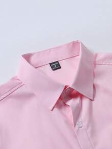 Manfinity Mode 男士纯色单排扣休闲办公室短袖衬衫，夏季 - 粉色 - 查看 4