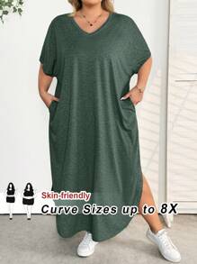 SHEIN CURVE+ Plus Size Women's Solid V-Neck Bat Sleeve Pocket Casual T-Shirt Dress, Summersummer/Country/Beach Vacation Outfits/Beach Outfits/Beach Wear,Summer Dresses For Women,Maxi Dress - Dark Green - View 1