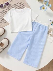 SHEIN Playful Pals 2件套女婴/新生儿0-3岁休闲日常条纹蝴蝶结T恤+条纹裤套装，女婴莫兰迪蓝色套装，春夏款 - 藍色 - 查看 2