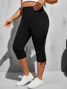 SHEIN Essnce Quần legging đen thời trang mùa xuân và mùa hè cỡ lớn cho nữ, quần lửng, quần lửng co giãn thoải mái, quần lửng đen, quần lửng đen, quần lửng đen, quần áo đi chơi - màu đen - Xem 3