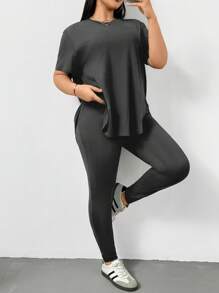 Shapeblank Bộ đồ thể thao giản dị mùa xuân và mùa hè cỡ lớn cho nữ, thoải mái, cơ bản, đa năng, giảm béo hàng ngày, áo phông tay ngắn màu đen và quần legging hai mảnh, bộ quần, trang phục đường phố, trang phục sân bay, trang phục mùa hè cho phụ nữ, trang phục đi chơi, quần áo Y2k, phong cách tối giản, trang phục nhà thờ cho phụ nữ - Màu xám đen - Xem 3