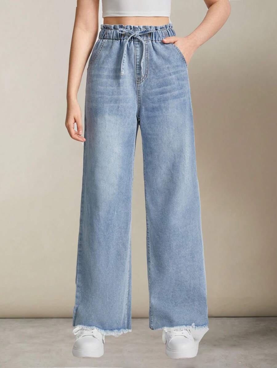 SHEIN Teen Girls Drawstring Waist Raw Hem Wide Leg Jeans - Light Wash - View 1