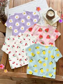 SHEIN 4 件可爱多巴胺水果和花朵印花圆领短袖基本款 T 恤，适合年轻女孩，休闲简约，适合春夏季，清凉度假