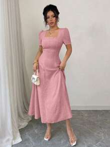 Rafferiza 优雅别致的方领腰部收腰 A 字中长连衣裙，带有纹理细节，无弹力泡泡面料，黄色，适合日常穿着和场合，春夏季 - 粉色 - 查看 4