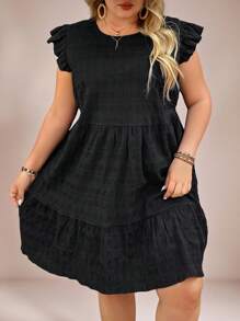 SHEIN VCAY Plus Size Solid Color Casual Short Sleeve Crew Neck Mini Dress,Beach Dress Sundress,Holiday Outfits Boho - Black - View 6