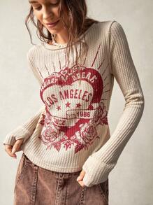Bohemela Plus Size Letter Print Round Neck Casual Versatile Long Sleeve T-Shirt,Vintage - Apricot - View 7