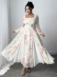 Modelyn Vestito lungo in chiffon con patchwork floreale in taglie comode, abito romantico ed elegante adatto per le vacanze, per primavera/estate