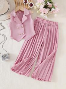 SHEIN 2件套女童红色无袖西装背心和阔腿百褶裤套装，优雅商务套装，时尚端庄的女童裤装套装，女童配套套装，女童吊带背心和阔腿裤套装，儿童百褶裙套装，幼儿女童百褶裤套装 - 粉色 - 查看 1