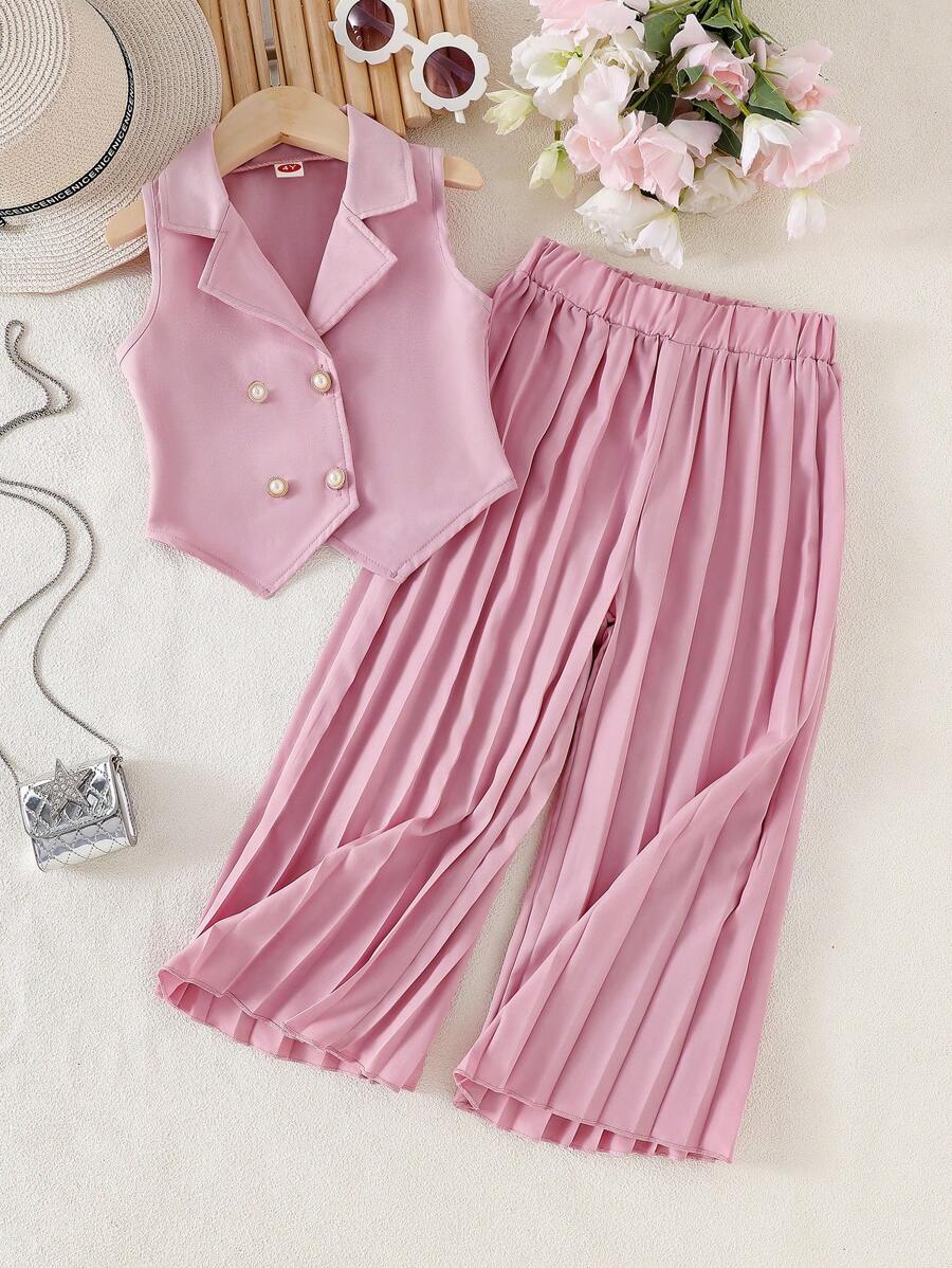SHEIN 2件套女童红色无袖西装背心和阔腿百褶裤套装，优雅商务套装，时尚端庄的女童裤装套装，女童配套套装，女童吊带背心和阔腿裤套装，儿童百褶裙套装，幼儿女童百褶裤套装 - 粉色 - 查看 1