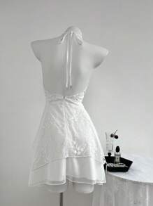 Elamini Spring/Summer Holiday Style Lace Trim Embroidered Mesh Slip Mini Dress For Women - Blue - View 2