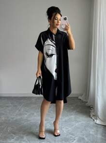 SHEIN Unity 肖像印花前扣休闲夏季短袖连衣裙 - 彩色 - 查看 6