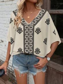 EMERY ROSE Women Woven Digital Print Batwing Sleeve V-Neck Casual Blouse