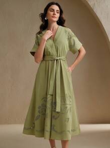 Anewsta Vestido elegante con escote en V, manga corta y bordado calado para mujer