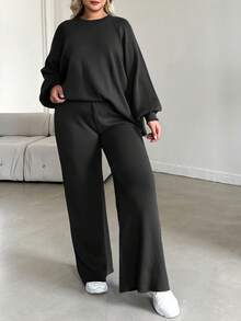 EURMUSE Plus Size Sweatshirt Set, Solid Color Long Sleeve Sweatshirt & Pants, Fashionable For Summer - Black - View 7
