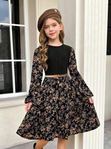 SHEIN Serisse Kids Tween Girl LUNE 花卉印花灯笼袖荷叶边下摆连衣裙，法式花卉，仙女裙，田园风 - 黑色 - 查看 10