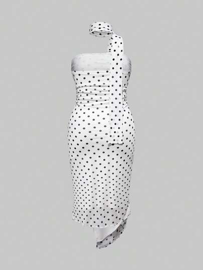 ROMWE Avant Plus Size Vintage Polka Dot Asymmetric Hem Slit Turtleneck Bandeau Dress For Holiday In Sicily