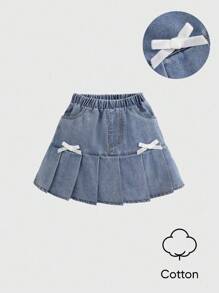 SHEIN Girls' Cute Bowknot Denim Pleated Mini Skirt, Fashionable & Versatile, Suitable For Outdoor Activities, Vacation, Casual Wear - Light Wash - View 1