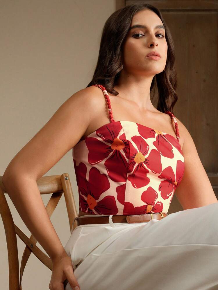 Ladies' Plus Size Spring/Summer Fashion Print Elegant Suspender Red Top