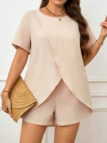 SHEIN LUNE Plus Size Women Solid Color Short Sleeve Asymmetrical Top & Shorts 2 Pieces Set - Khaki - View 6
