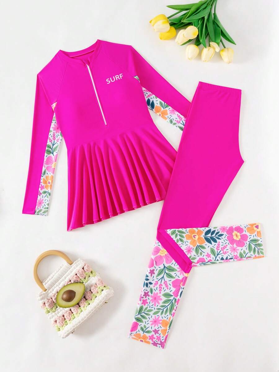 SHEIN Bộ đồ bơi tankini dài tay hở vai in họa tiết hoa cho bé gái tuổi mới lớn - Màu Hồng Tươi - Xem 1