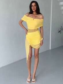 Aloruh New Asymmetrical Hem Halter Neck Yellow Gauze Vacation Mini Dress - Yellow - View 4