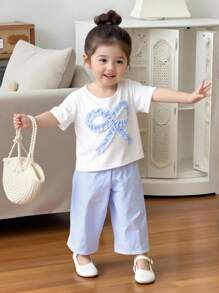 SHEIN Playful Pals 2件套女婴/新生儿0-3岁休闲日常条纹蝴蝶结T恤+条纹裤套装，女婴莫兰迪蓝色套装，春夏款 - 藍色 - 查看 3