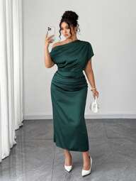 Elenzga Plus Size Women Satin Draped Neck Asymmetric Ruched Waist Slim A-Line Dress, Summer