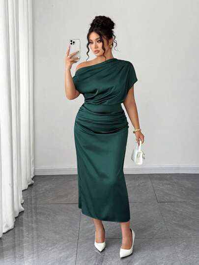 Elenzga Plus Size Women Satin Draped Neck Asymmetric Ruched Waist Slim A-Line Dress, Summer