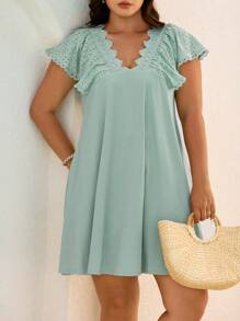 Elaquor Plus Size V-Neck Lace Trim Embroidery Casual Shift Dress For Summer - Mint Green - View 6