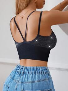 SHEIN 女士闪光胸围纽扣装饰长款文胸 - 黑色 - 查看 1