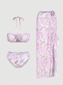 SHEIN MOD Women's Tie Dye Floral Swimsuit Set For Beach Holiday