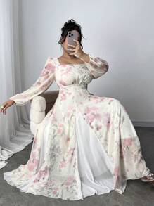 Modelyn Vestito lungo in chiffon con patchwork floreale in taglie comode, abito romantico ed elegante adatto per le vacanze, per primavera/estate