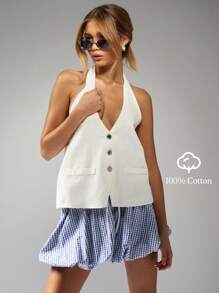 MISSGUIDED Designer Halter Neck Waistcoat Button-Front Summer Vest Top Sleeveless Professional Office Wear Modern Business Casual Blazer Style - White - View 7