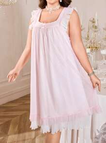 Trezura Plus Size Sweet Mesh Patchwork Pleated Bowknot Nightgown, Moo Moo - Pink - View 7