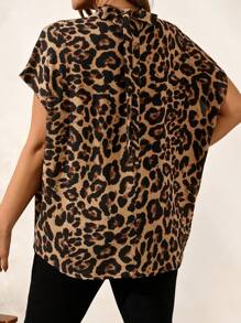 Chikora Plus Size Summer Casual Leopard Print Batwing Sleeve Shirt - Brown - View 2