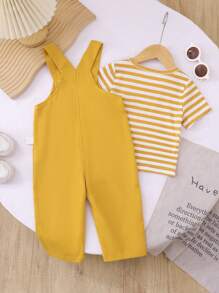 SHEIN Playful Pals 男婴条纹短袖T恤和背带裤两件套，适合夏季穿着，休闲百搭，秋冬季也同样适用。 - 黃色 - 查看 2