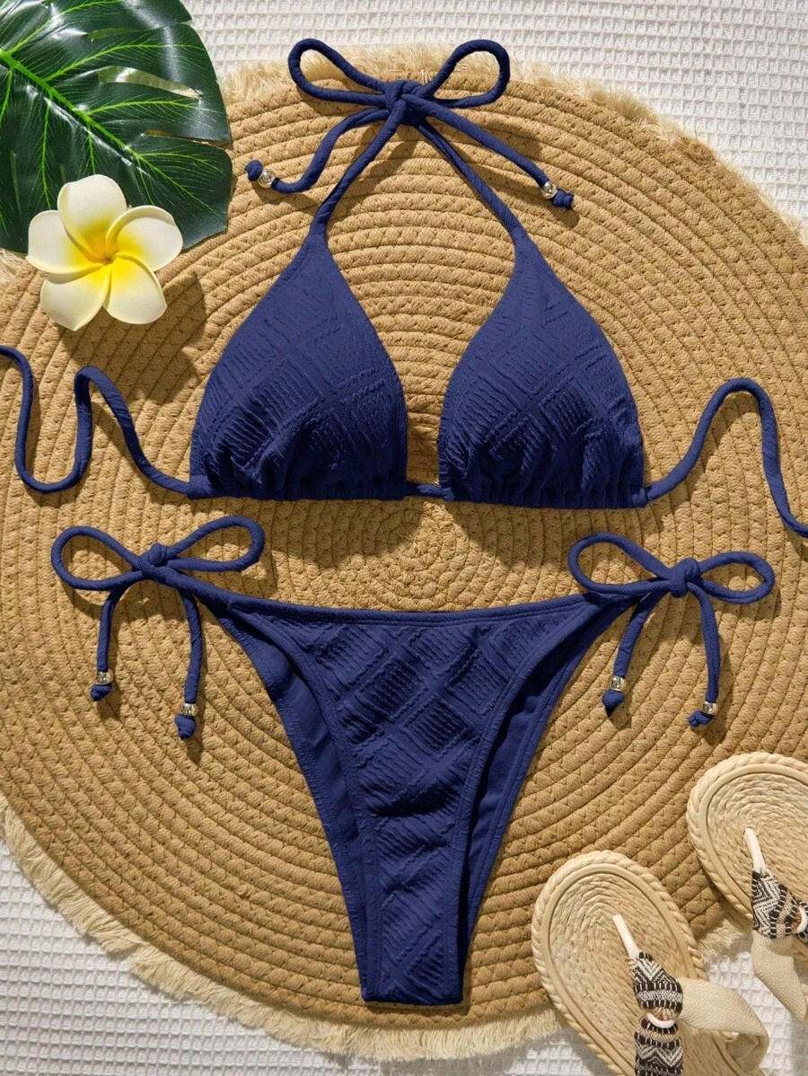 Swim Vcay Bohemian Blue Bikini Set, Elegant Casual Swimwear For Spring Summer Beach Vacation Party