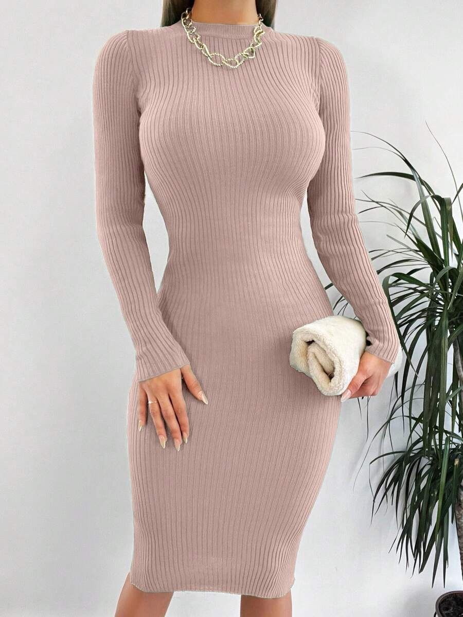 EURMUSE Women Solid Color Crew Neck Long Sleeve Fitted Knitted Dress - Watermelon Pink - View 1