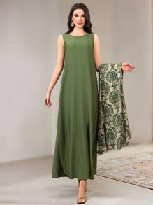 Veilorie Conservative Casual All-Over Print Abaya Dress And Solid Color Extra Long Dress Women's Arabic Set Modest Dresses For Women ,Women Green Dress