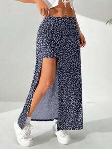 SHEIN EZwear 休闲碎花长开衩半身裙，夏季 - 藏蓝色 - 查看 4