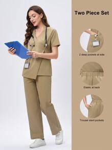 Scrubzie 2pcs/Set Women Nurse Scrub Uniform Wrap Top And Anti-Wrinkle Long Pants - Khaki - View 1