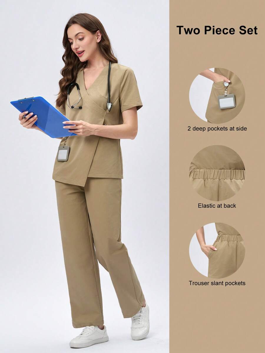 Scrubzie 2pcs/Set Women Nurse Scrub Uniform Wrap Top And Anti-Wrinkle Long Pants - Khaki - View 1