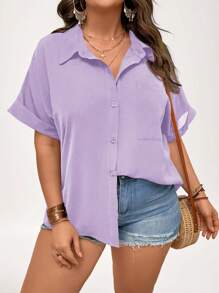 SHEIN LUNE 大码纯色短袖衬衫，夏季时尚